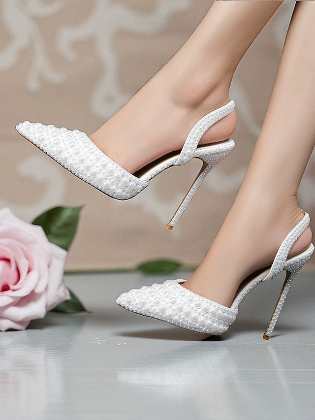 Women's Leather - Heels Pearl-Embellished Slingback White