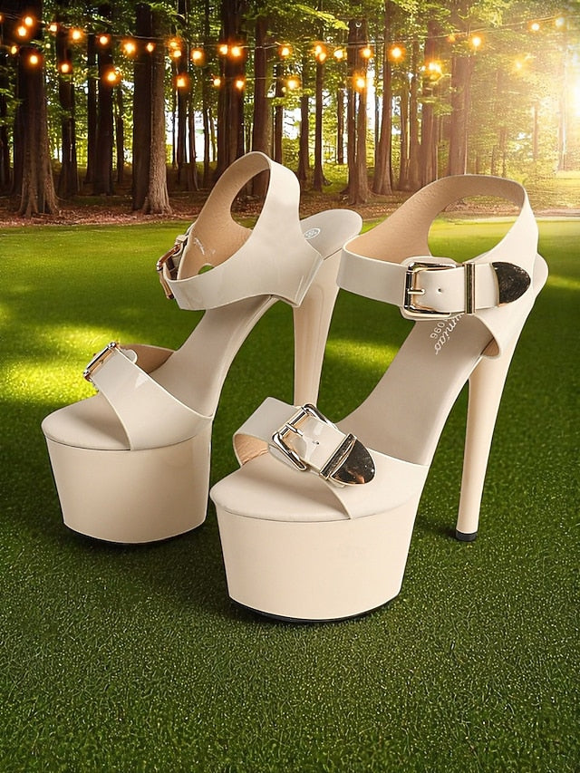 Platform Buckle Heels White with High Women's Gold Patent