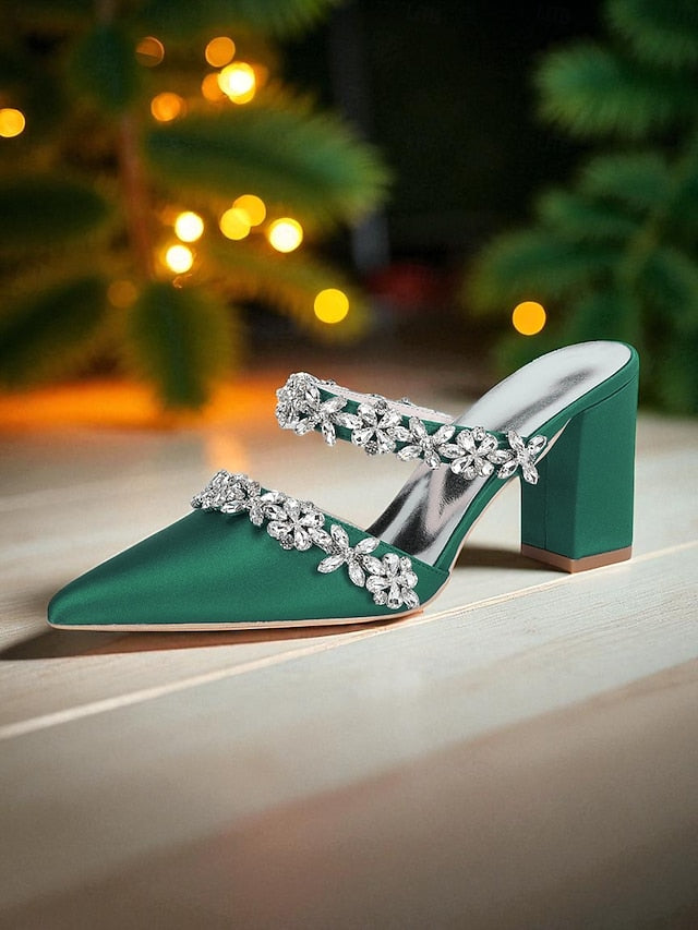 Women's Mules Rhinestone Floral Heel Black Block Satin with