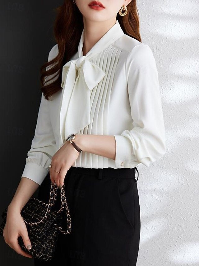 Women's Shirt Blouse Chiffon Tops Pleated Buttons Plain