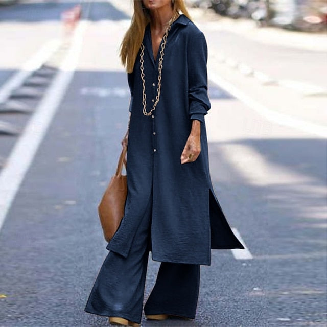 Women's Blouse Pants Sets Long Sleeve Shirt Collar Solid