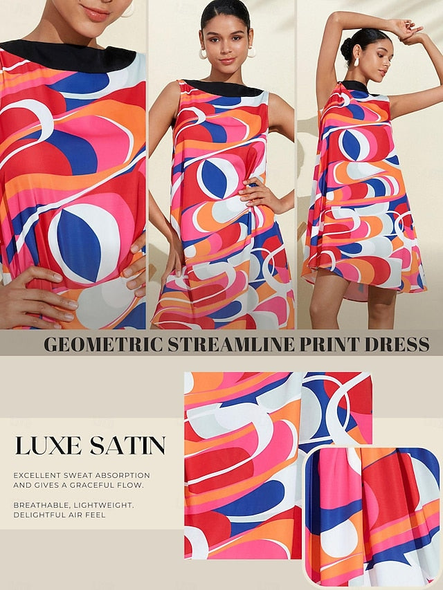 Satin Fanny Colorful Geometric Streamline Print Dress