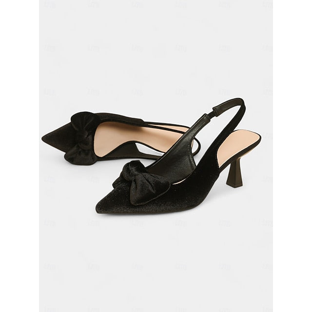 Blue Pointed Bow Women's Heels Toe with Slingback Velvet