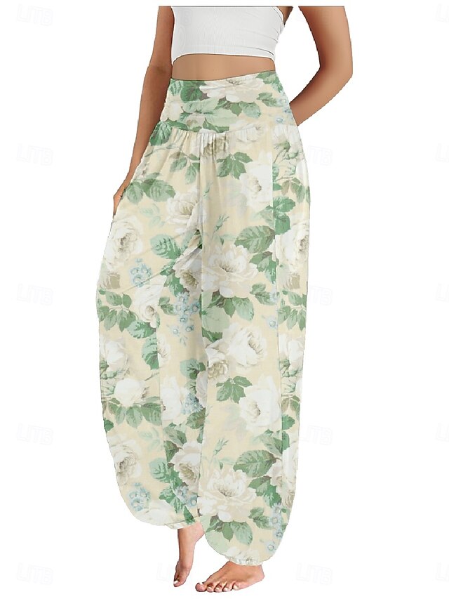 Women's Faux Cotton Linen Wide Leg Pants Trousers Ethnic
