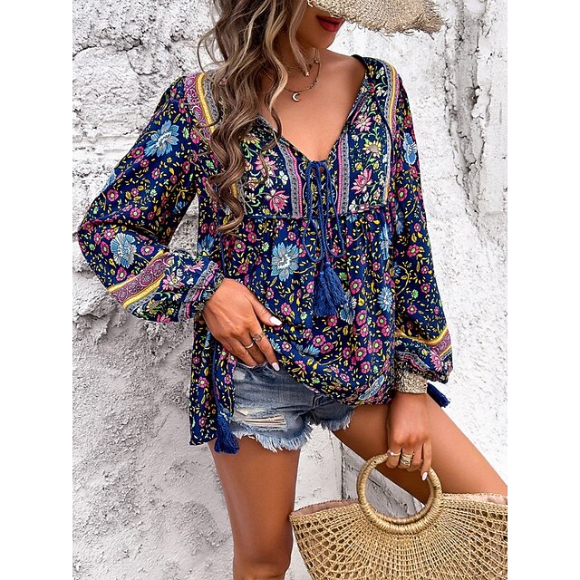 Women's Shirt Blouse Lace up Print Floral Bohemia Ethnic