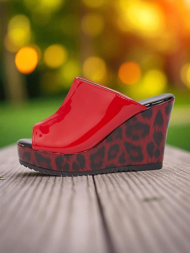 Women's Sandals Patent Leather Toe Red Wedge - Peep Leopard
