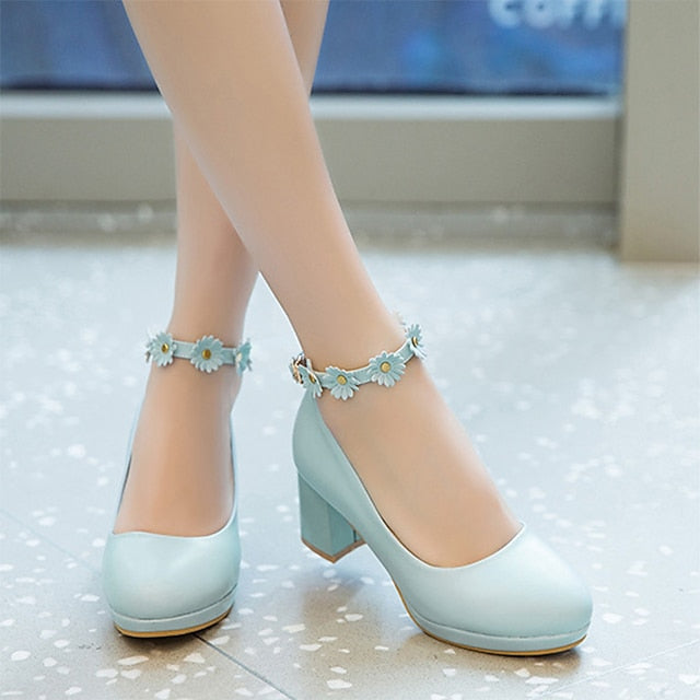 with Ankle White Shoes Heel Daisy Block Flower Girls'