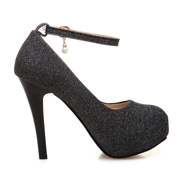 Silver Stiletto Platform with Ankle Glitter Heels Women's