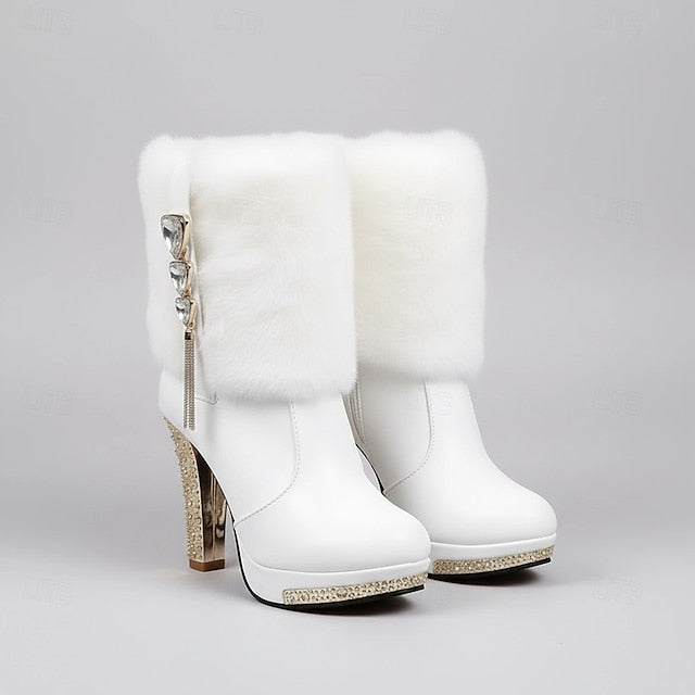 with White Heels Women's Fur Rhinestone Ankle Boots Faux -