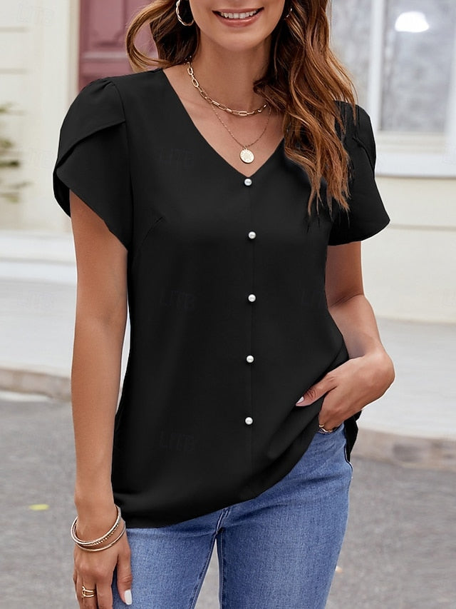 Women's Shirt Blouse Beaded Solid Color Basic Casual Short