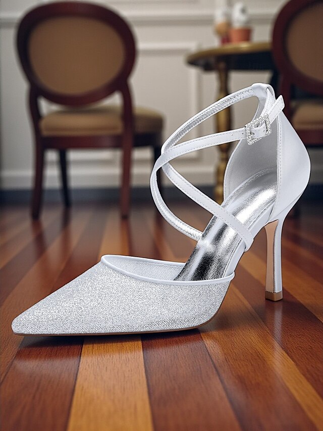 Ankle Glitter Heels Elegant Silver - Women's Stiletto Strap