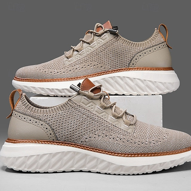 Shoes with Lace-Up Knit Lightweight Sneakers Men's Beige