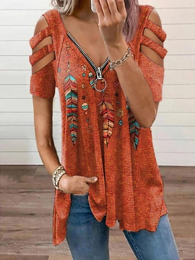 Women's Boho Shirt Blouse Patchwork Zipper Print Graphic