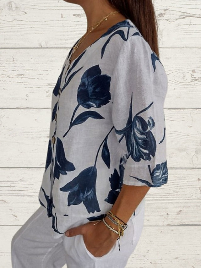 Women's Shirt Button Up Blouse Faux Cotton Linen Graphic