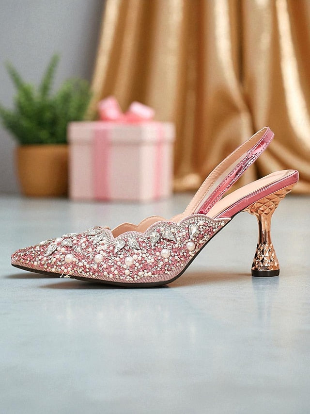 Rhinestone Toe Pink Women's - Slingback Party Heels Pointed