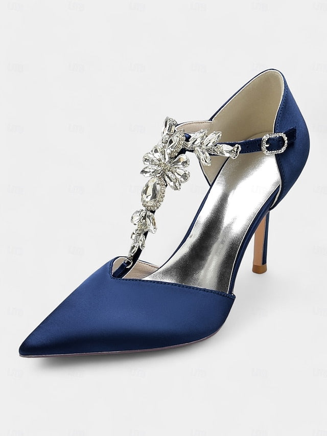 Blue Toe Pointed Women's Heels Navy – Satin T-Strap