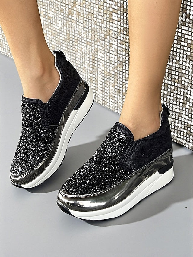 Women's Black Metallic Sneakers with Glitter Slip-On