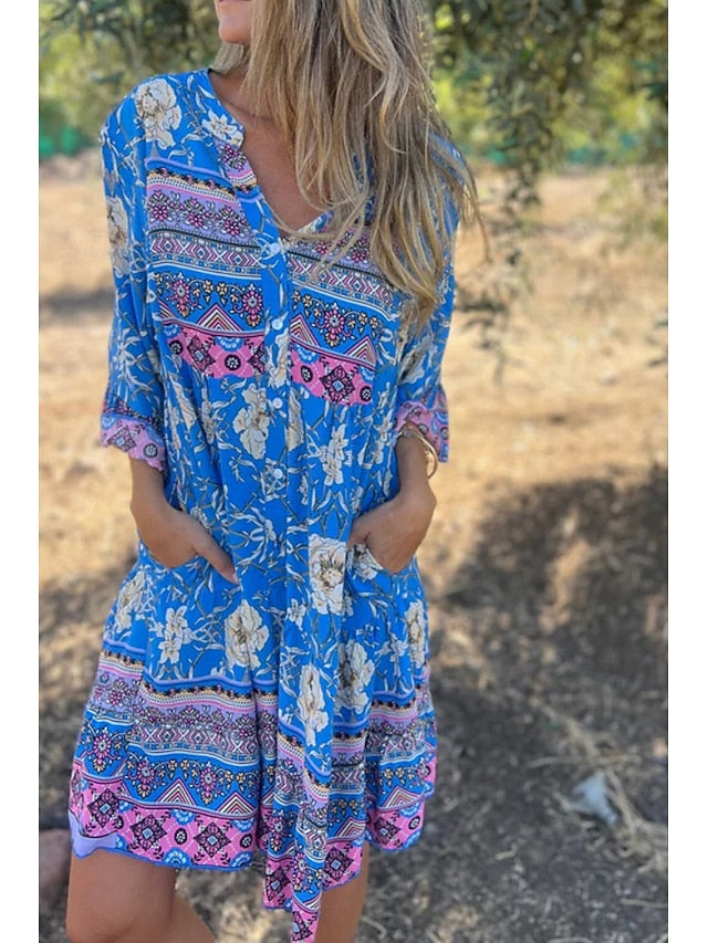 Women's Mini Dress Cotton Linen Dress Boho Dress Classic