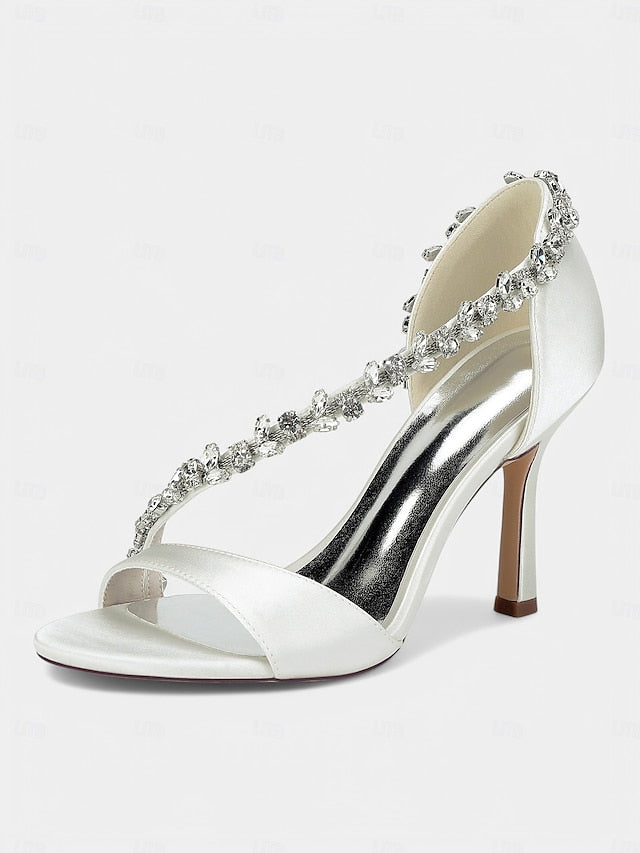 Crystal Heels Satin Champagne Women's – T-Strap with High