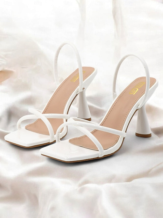 Beige Heeled Strappy Sandals Toe Design – with Square