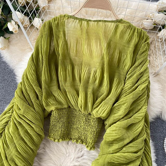 Women's Blouse Chiffon Tops Ruched Plain Stylish Long