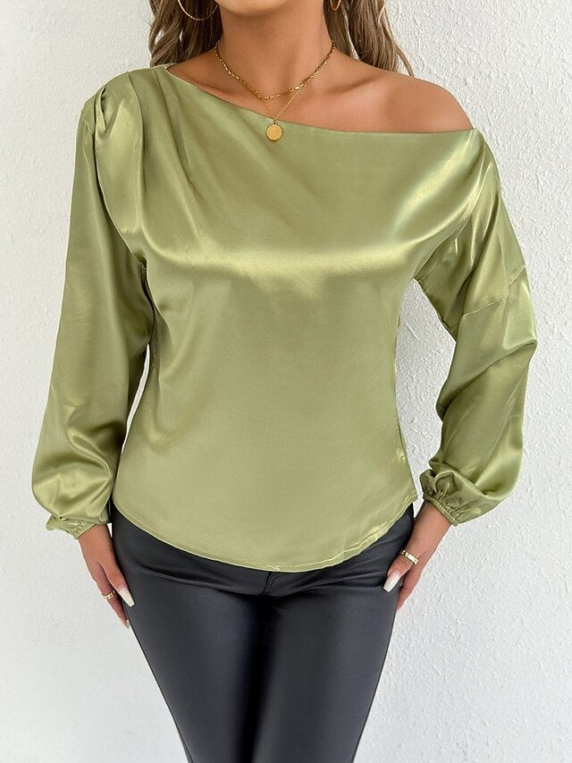 Women's Satin Tee Top Elegant Stylish Long Sleeve Puff