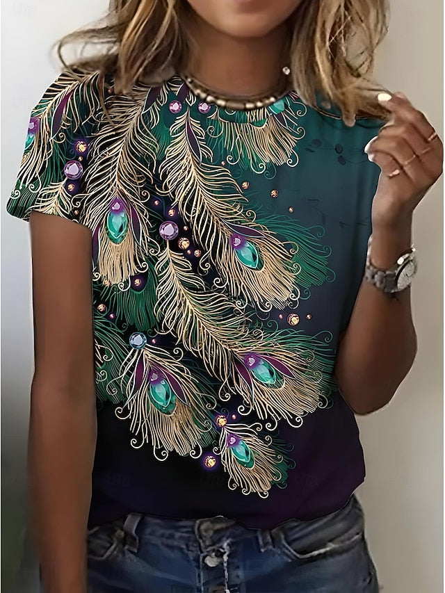 Women's T Shirt Print Ombre Graphic Feather Casual Short