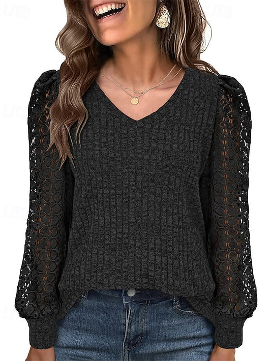 Women's T Shirt Lace Splicing Top Lace Patchwork Solid