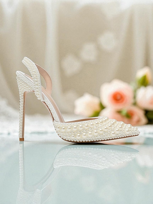 Women's - Heels Pearl-Embellished Slingback White Leather
