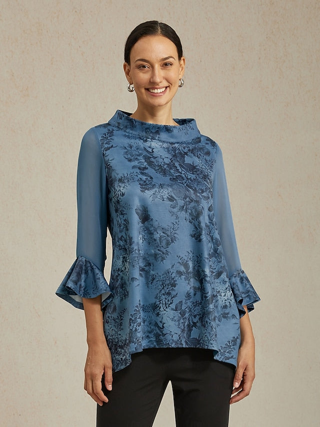 Women's Blouse Gray Blue Floral Stand Collar Sheer Panel