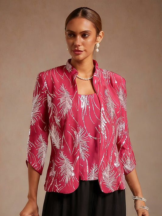Women's Sequin Tops Twinset Sequins Feather Elegant 3/4