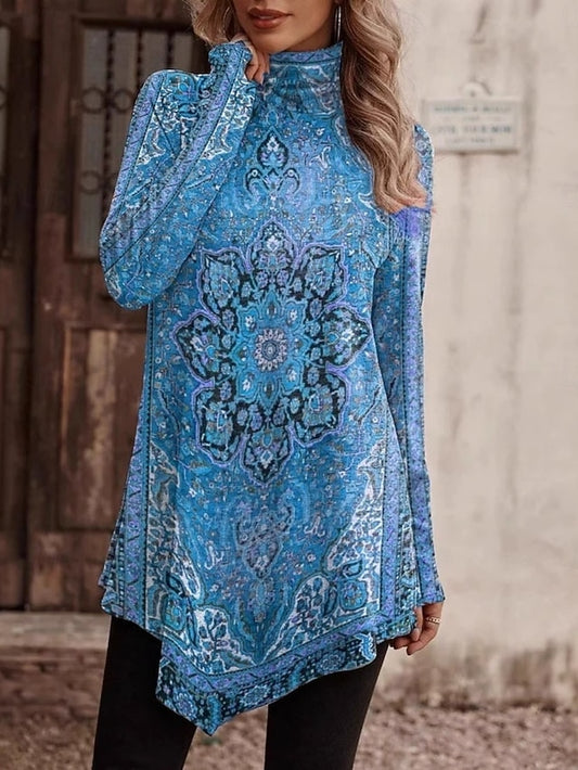 Women's Shirt Blouse Long Sleeve Tops Asymmetric Hem Floral