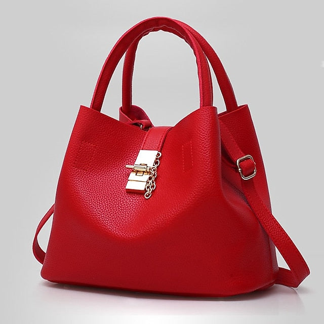 Gold Lock with and Faux Women's Chain Leather Handbag Red