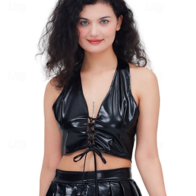 Retro Vintage 1980s Crop Top Disco Halter Shiny Latex Patent