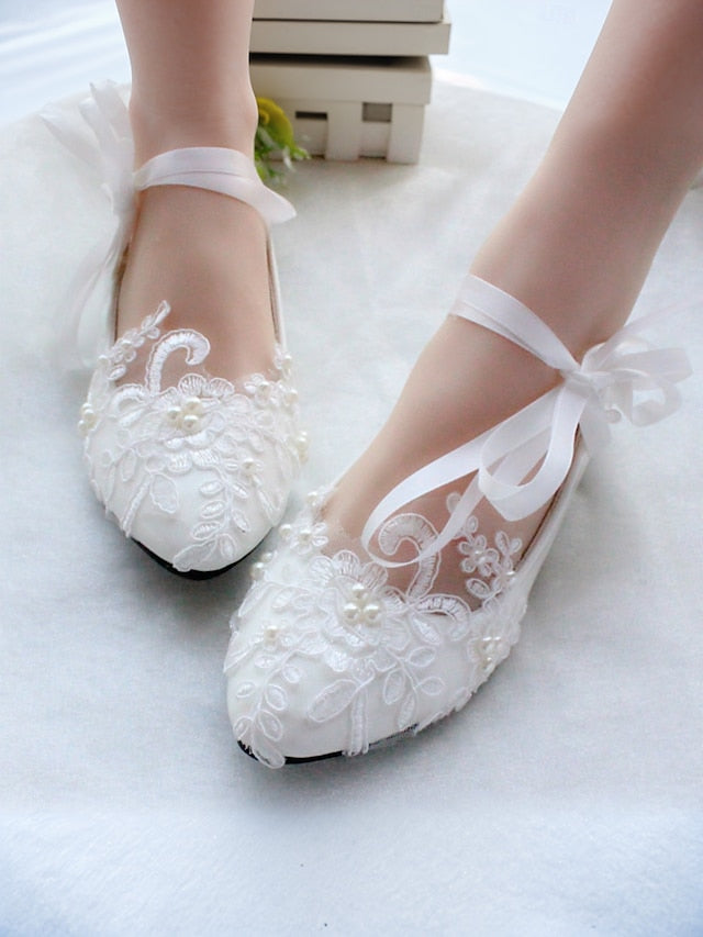 Ties Shoes Ribbon Flats Wedding Elegant - Lace Bridal with White