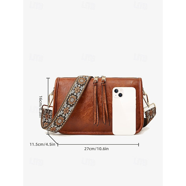 Women's Adjustable Shoulder Faux Bag Brown with Leather