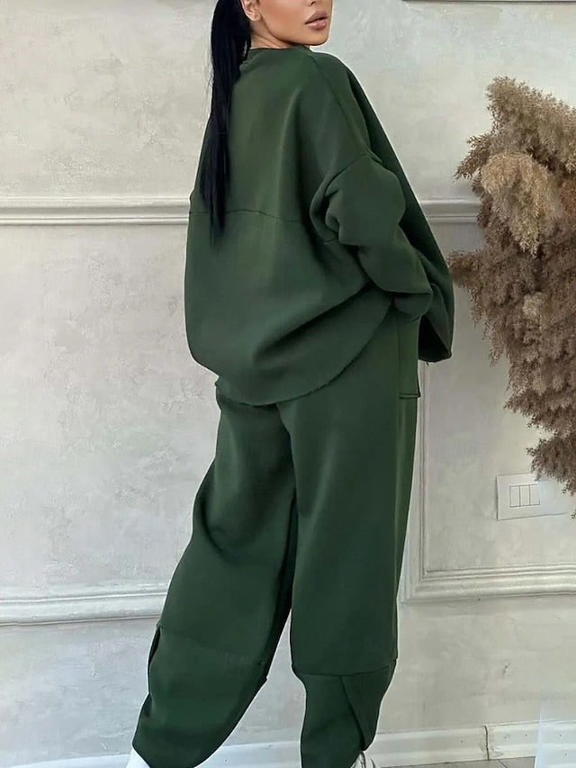 Women's Blouse Pants Sets Long Sleeve Crew Neck Solid Color