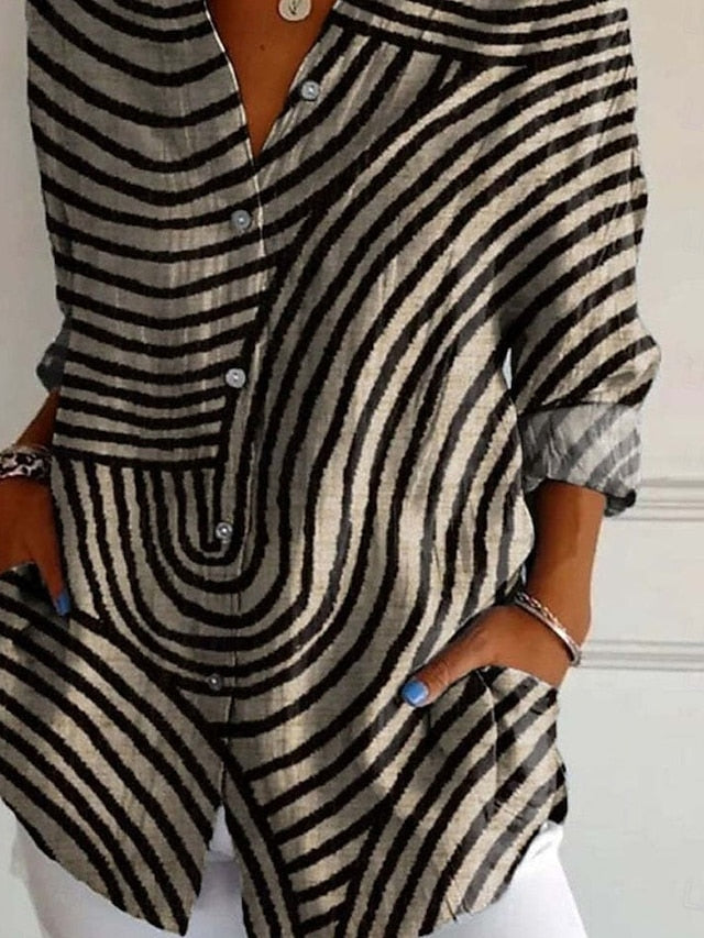 Women's Shirt Button Up Blouse Faux Cotton Linen Buttons