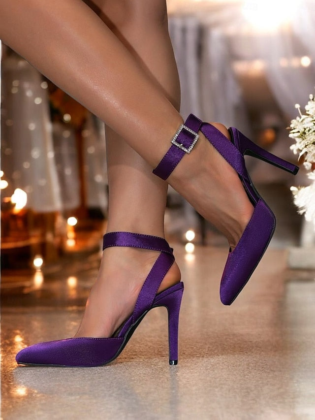 Pointed Satin Heels Ankle – Women's Toe Purple Strap