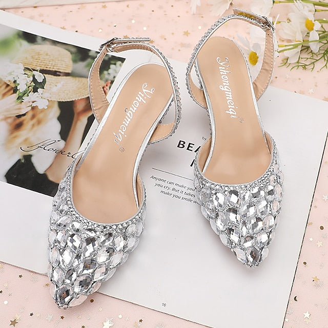 Women's Slingback Crystal Pointed-Toe Heels Rhinestone High