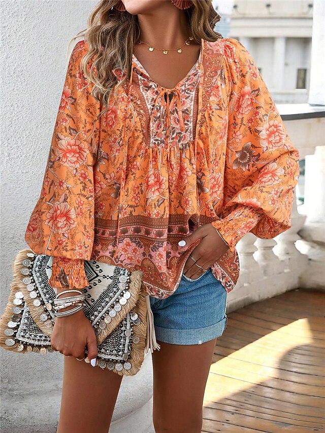 Women's Shirt Blouse Casual Boho Floral Lace up Print Long