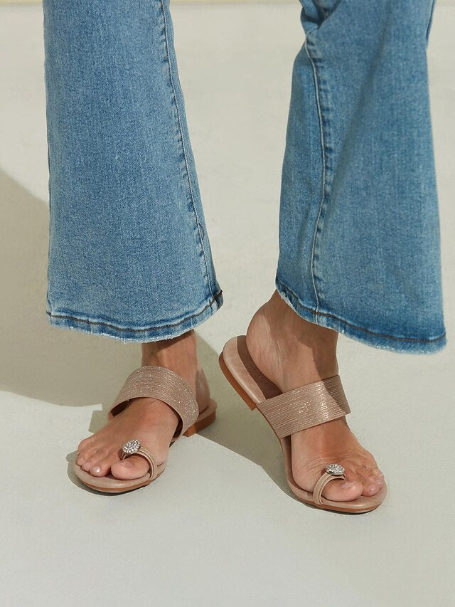 Flat Rhinestone Heel Slip-On with Sandals Champagne Women's