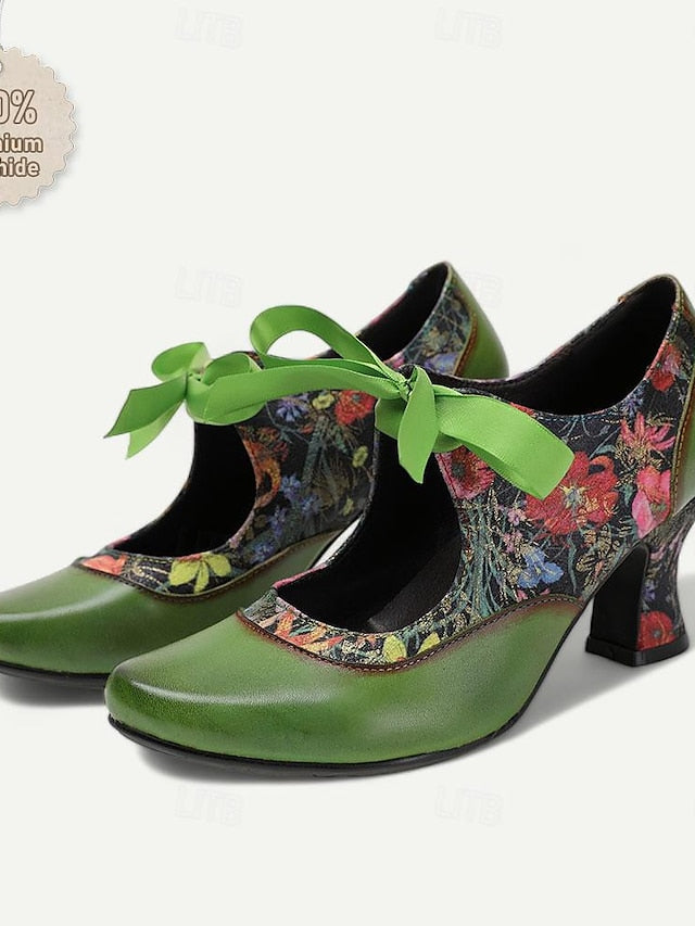 Mary Floral Heels Green Women's with Jane Leather Print