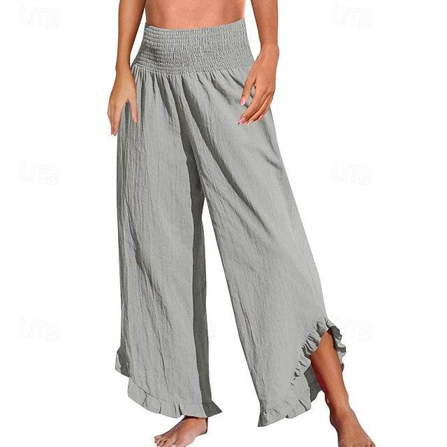 Women's Cotton Linen Pants Culottes Wide Leg Slacks Fashion