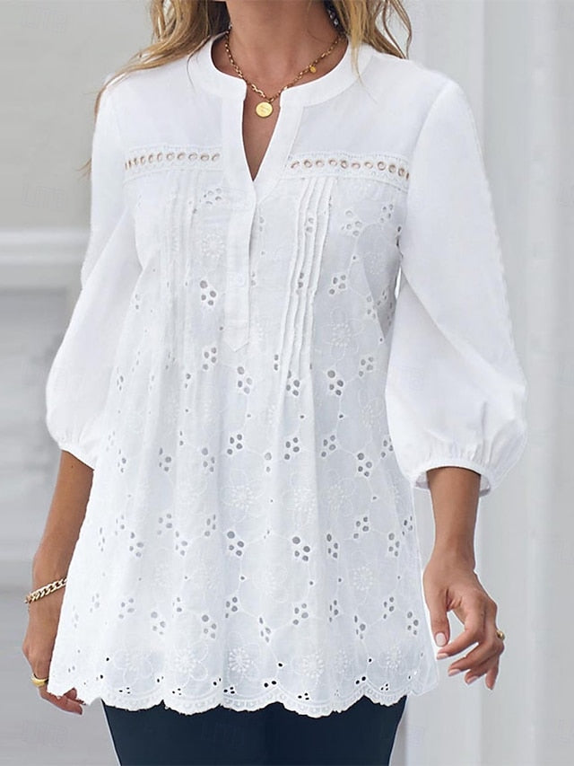 Women's Popover Shirt Casual Shirt Blouse Eyelet Solid