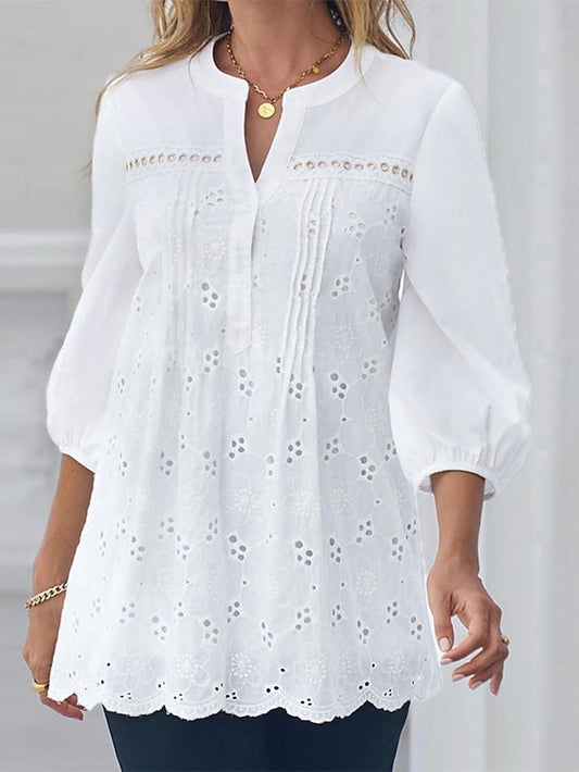 Women's Popover Shirt Casual Shirt Blouse Eyelet Solid