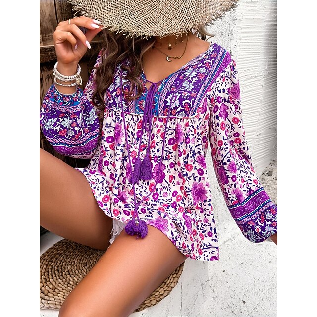 Women's Shirt Blouse Lace up Print Floral Bohemia Ethnic