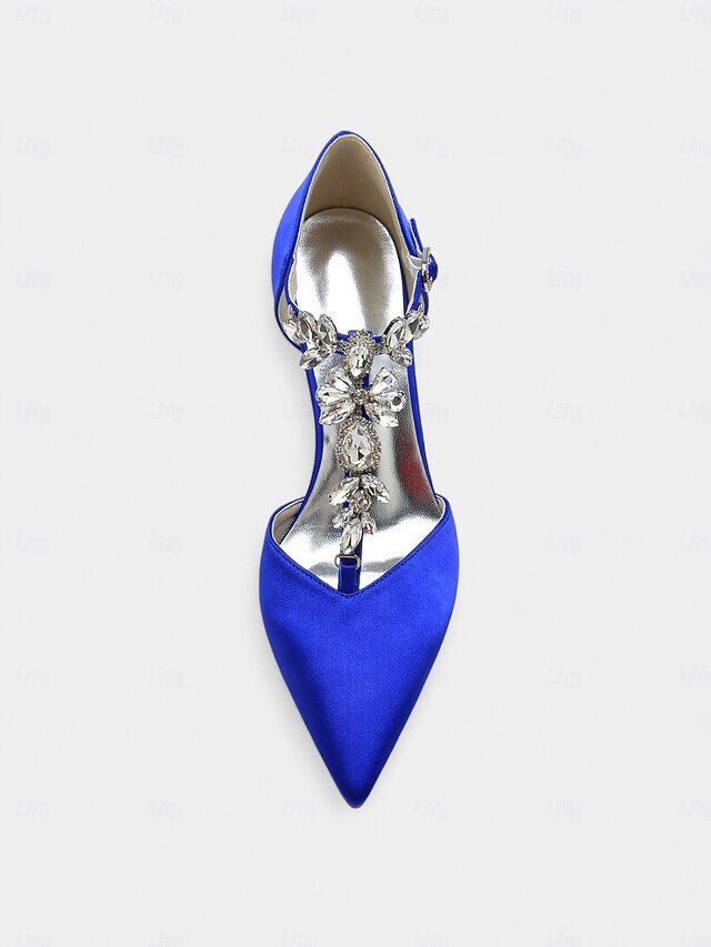 Navy T-Strap Heels Women's Toe Satin Blue – Pointed