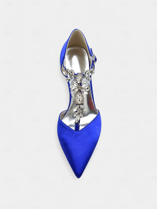 Pointed Toe – Heels Women's Blue T-Strap Navy Satin