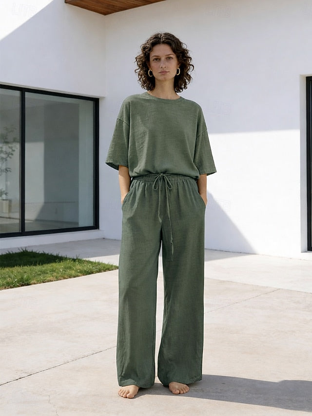 15% Linen Women's Pants Sets Linen Sets Basic Pure Color